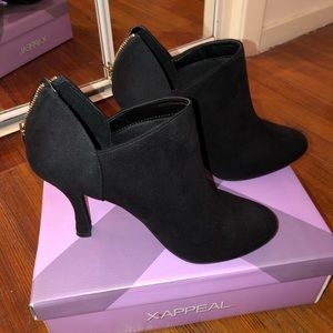 Black Suede Ankle Booties with Gold Zipper